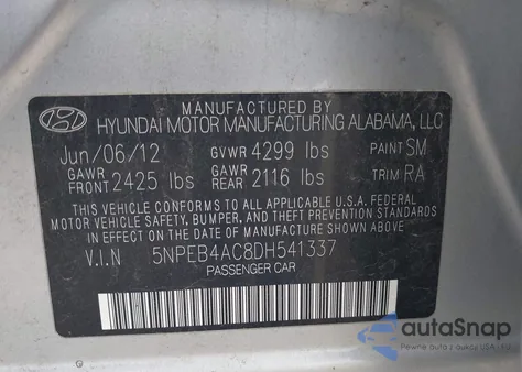 2013 Hyundai Sonata Gls z USA, uszkodzony, nr VIN 5NPEB4AC8DH541337